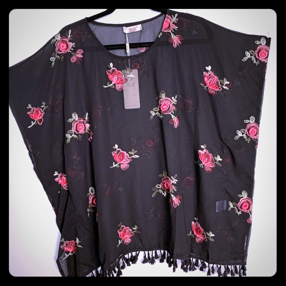 NWT Julia Top Tunic Women’s Floral Embroidered Sheer With Tassels One Size